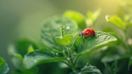 Obraz premium Ladybug perched on a green leaf in nature, showcasing the delicate balance of wildlife and macro photography.