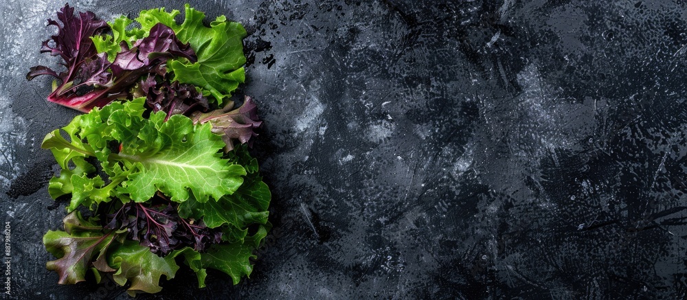 Poster top view of a fresh oak leaf salad on a dark backdrop with ample copy space image