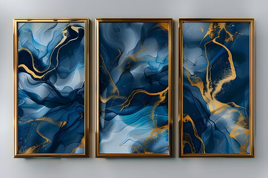 Set of three fluid dark art posters in gold 8x12" frames with blue and gold accents