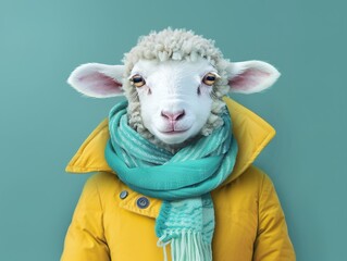 Anthropomorphic sheep in a yellow jacket and green scarf against a blue background