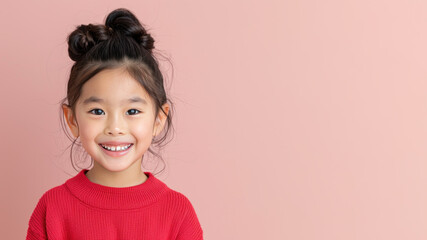 Japanese girl in red sweater smile to copy space for text for advertising