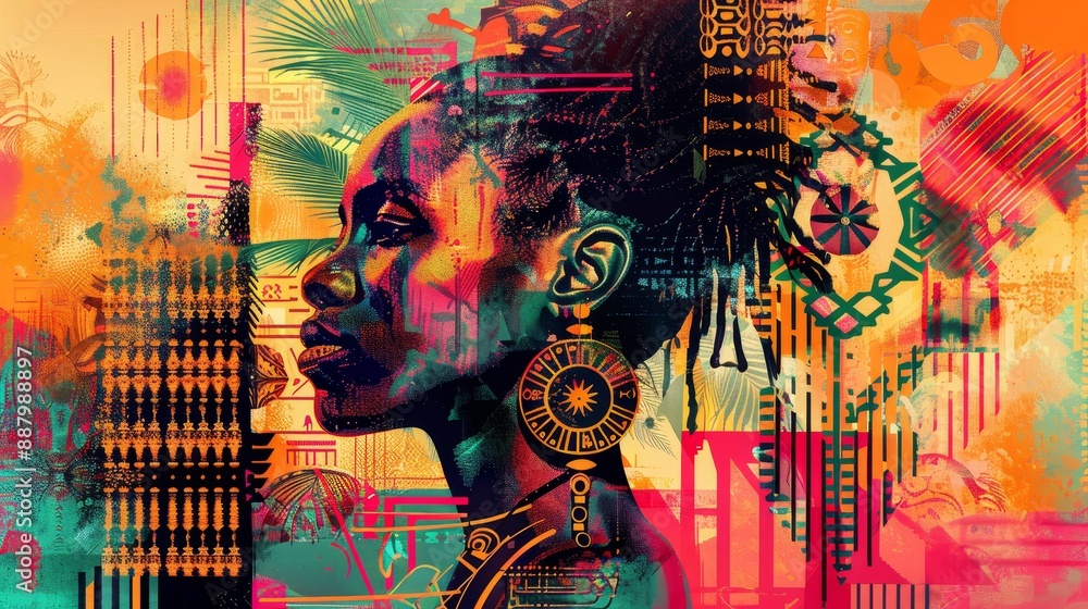 Poster abstract portrait of a woman with colorful geometric patterns - a digital art portrait of a woman wi