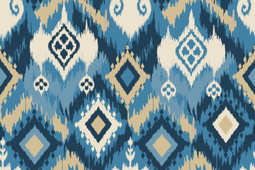 Ikat seamless pattern, geometric design, motif ethnic handmade, Ikat ethnic tribal, boho colors seamless wallpaper. Ethnic Ikat abstract background art.Illustration for greeting cards, printing © Manu