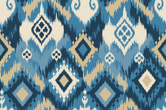 Ikat seamless pattern, geometric design, motif ethnic handmade, Ikat ethnic tribal, boho colors seamless wallpaper. Ethnic Ikat abstract background art.Illustration for greeting cards, printing