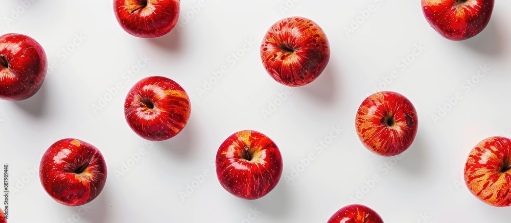 Sticker Top view of red apples on a white backdrop with a blank space for text arranged in a flat lay pattern. Copy space image. Place for adding text and design