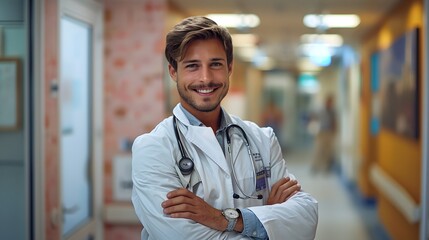 Fototapeta premium close up Confident smiling arms crossed doctor with stethoscope wearing medical uniform at hospital