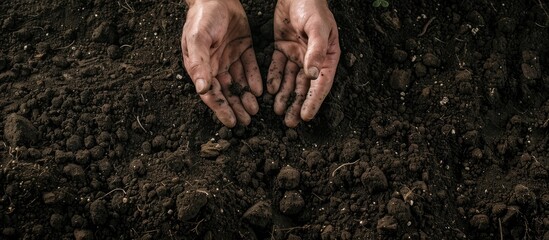 Male hands of an agronomist examining soil in a black field depicting gardening and ecology with a clear copy space image