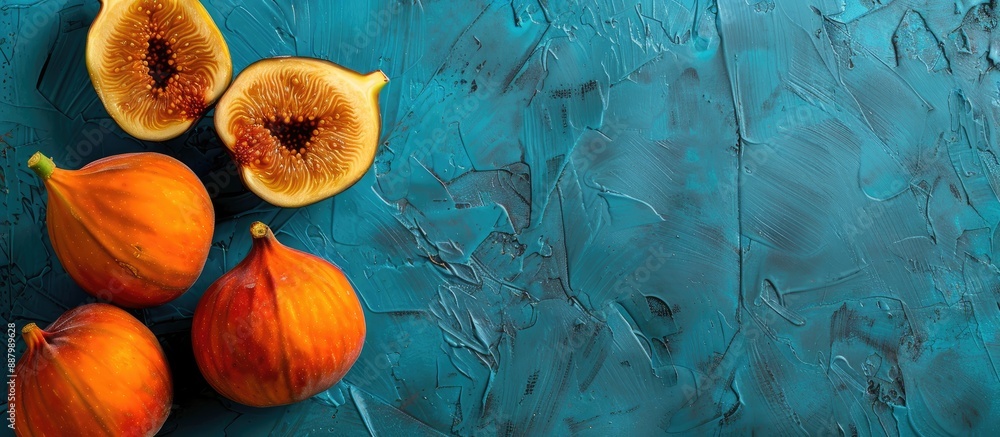 Poster a ripe orange fig persimmon fruit placed on a textured blue background for a flat lay photo top view
