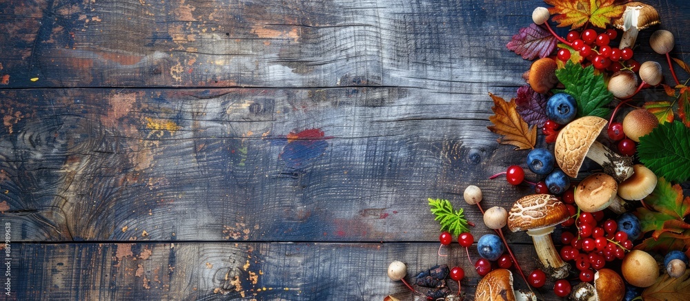 Poster a rustic wooden background displays forest wild mushrooms and berries in a close up top view with co
