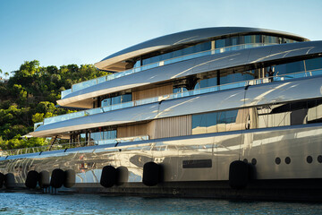 Beautiful mega and superyachts at dock in English Harbour, a famous caribbean island of Antigua...