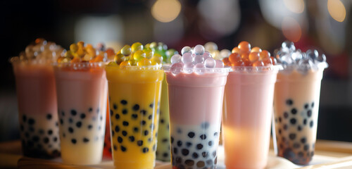 Close-up photo showcasing different colorful flavors of bubble tea boba, capturing the detailed textures of the drinks and vibrant colors