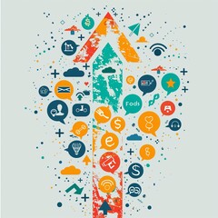 Obraz premium A Symbolic Representation of Growth and Technological Progress with Various Digital Icons Forming an Upward Arrow