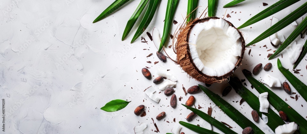 Poster half a coconut with coconut shavings cocoa beans and green palm leaves viewed from the top on a whit