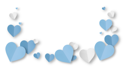 Light blue origami paper hearts isolated on transparent background.