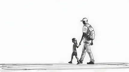Father and Daughter Walking Black Line Drawing on Plain Backdrop.