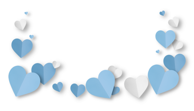 Light blue origami paper hearts isolated on transparent background.