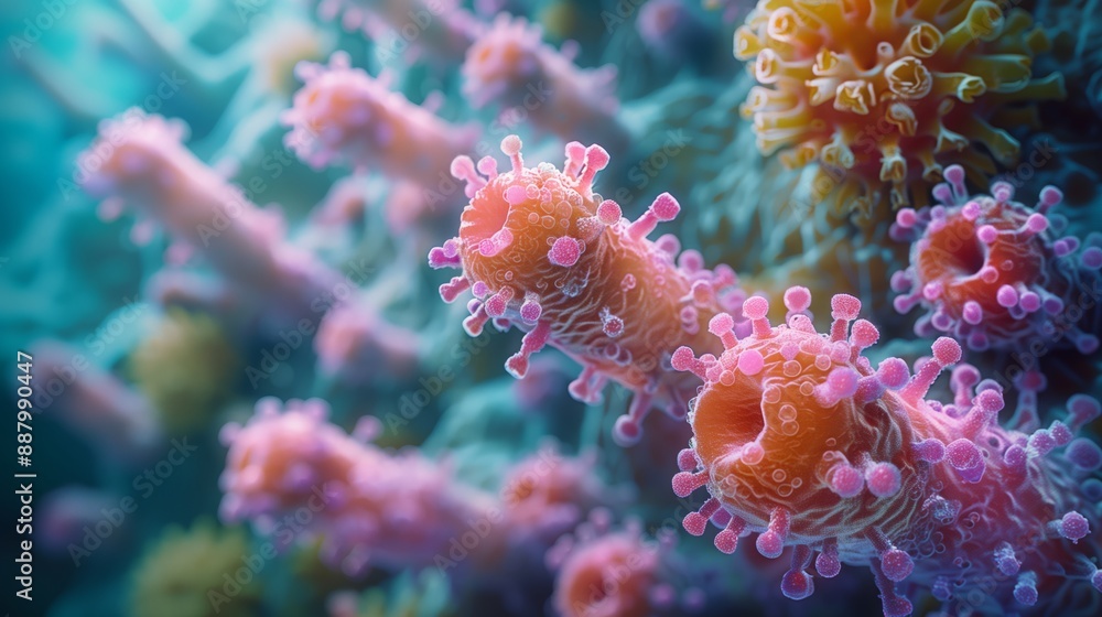 Poster a close-up, microscopic image showcasing the intricate structures of microorganisms, highlighting th