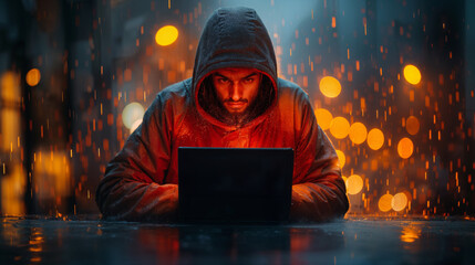 Identity theft or Cyber espionage.  A hacker using wearing a hoodie and using a laptop. Face illuminated by a glowing light. Cyber security and cyber attacks. Malware and information security.