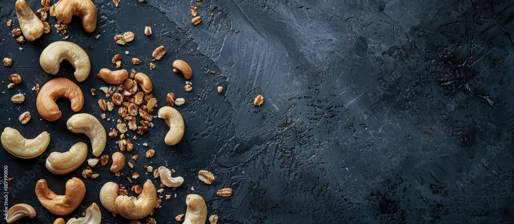 Aufkleber cashew fruit slices and nuts displayed on a dark background with copy space image