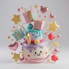 kawaki style 3d render illustration of cute birthday cake with gift boxes, balloons, stars, love shapes. Birthday celebration greeting card, template, banner