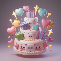 kawaki style 3d render illustration of cute birthday cake with gift boxes, balloons, stars, love shapes. Birthday celebration greeting card, template, banner