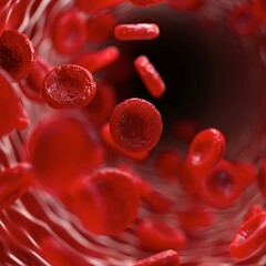 Close-up of red blood cells flowing through veins in high detail, Human body system cells, Circulatory system