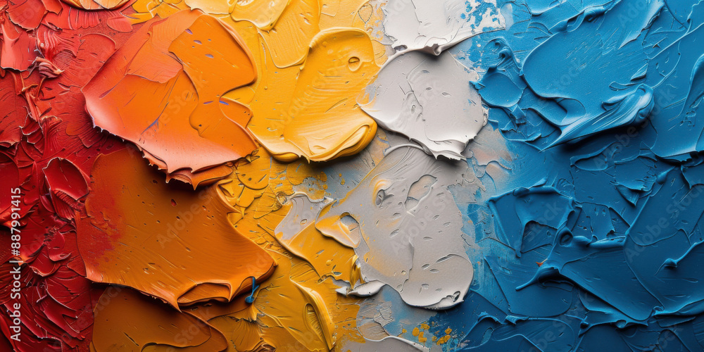 Poster vibrant abstract art with flowing wave patterns in orange, yellow, and blue tones, creating a dynami