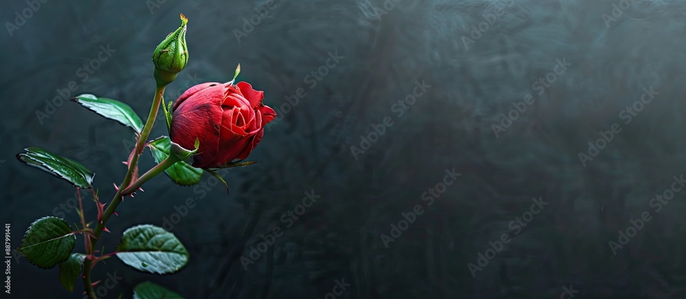 Poster a budding red rose on a dark background with space for adding text creating an artistic image associ