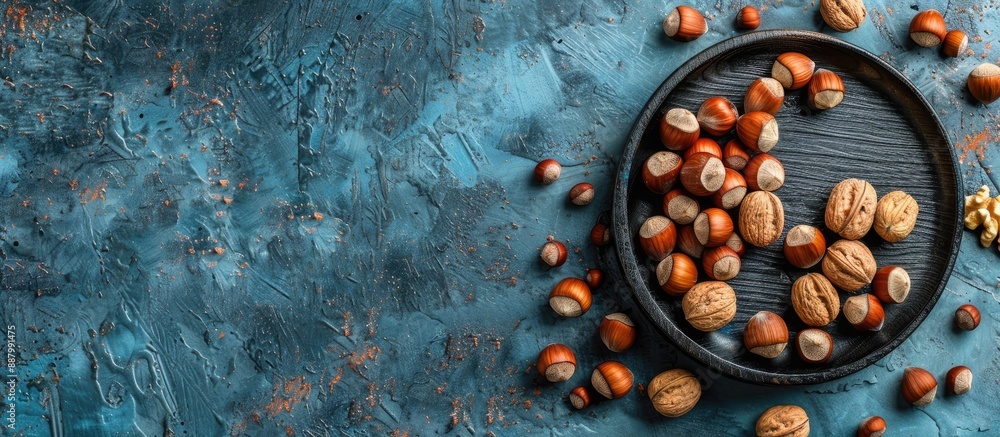 Poster close up of nuts and hazelnuts on a round black wooden plate placed on a rustic blue table with free