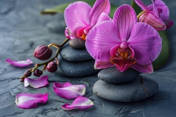 Spa  Spa  Spa  Pink orchid and spa stones on gray background. Spa and wellness scene  Spa  Spa 