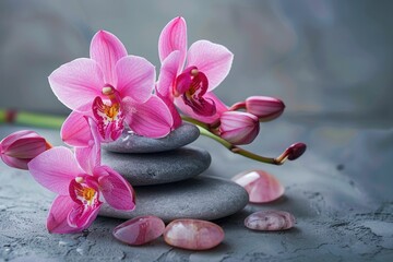 Spa  Spa  Spa  Pink orchid and spa stones on gray background. Spa and wellness scene  Spa  Spa 