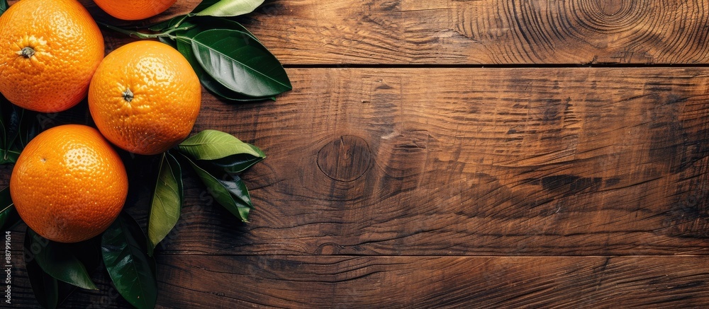 Canvas Prints Orange fruit with leaves set on wood table in a copy space image