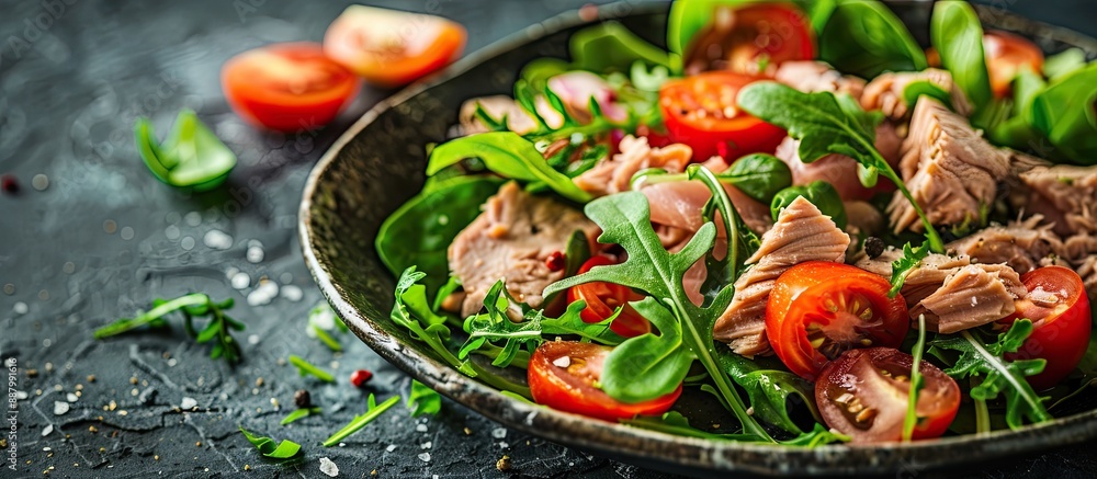 Poster healthy eating option a salad with tuna tomatoes and green leaf lettuce arranged as an appetizing me