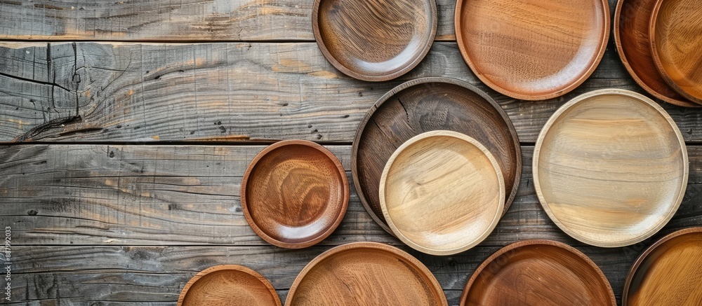 Poster wooden plates displayed on a background of wood with ample copy space image