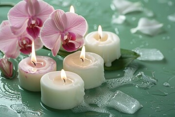 spa still life with pink orchid flower and white burn candles on green background