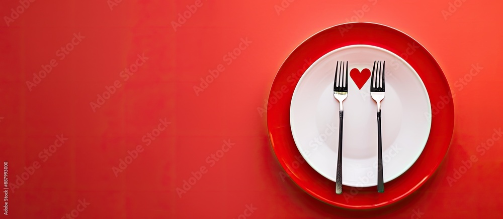 Poster valentine s day concept with two forks and an empty plate placed on a red table perfect for a romant