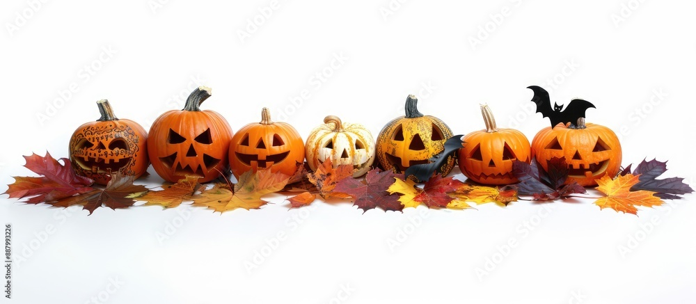 Poster halloween themed jack o lantern group arranged on maple leaves with a white background for display i