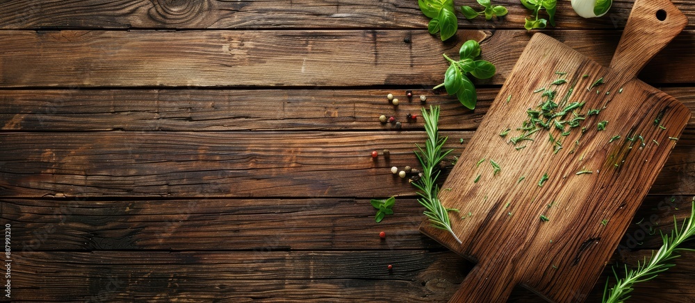 Poster top view of a cutting board on a wooden background with copy space image