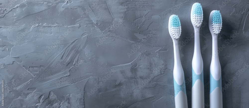 Poster toothbrushes both electric and plastic displayed on a grey background with copy space image