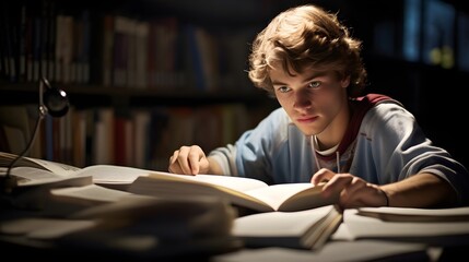 Close-up of a focused student immersed in school homework, pen in hand,