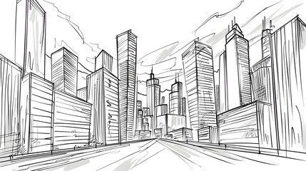 City Sketch Simple Black Lines on Plain Background.






