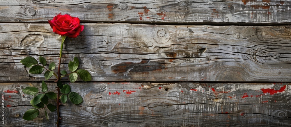 Poster red rose set against a rustic backdrop of weathered wooden planks creates a charming visual with a c