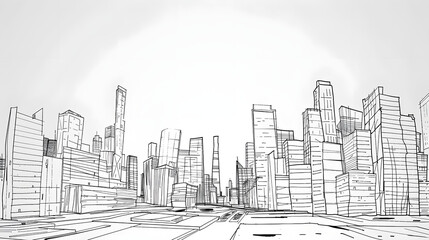 City Sketch Simple Black Lines on Plain Background.







