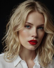 Blonde woman with bright red lips