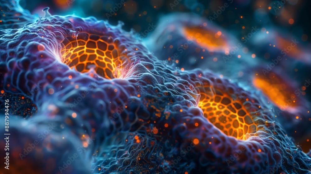 Poster a close-up, abstract view of cellular structures, highlighting their intricate details and complex o