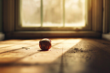 A weathered baseball, its once pristine white cover now a tapestry of brown and red stains, tells a story of countless throws, hits, and dreams left on the field.