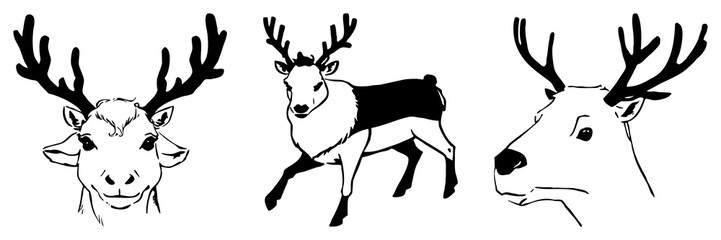 Fototapeta premium Black reindeer on a white background. Animals line art. Logo design, for use in graphics, pattern for t-shirts. Generated by Ai