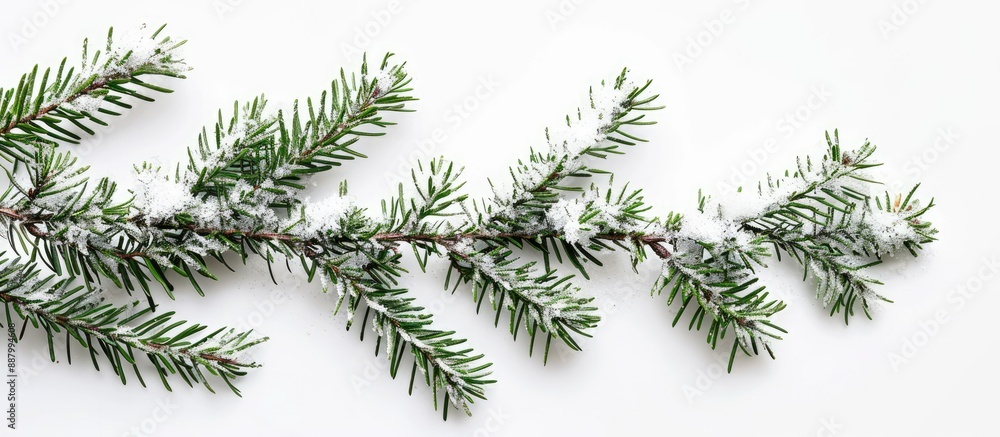 Poster picture of a snow covered evergreen branch on a white backdrop with room for text or images. copy sp