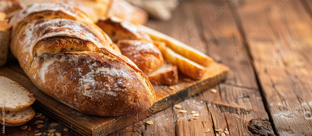 Poster homemade pastry on a wooden table with a closeup of sliced bread enhancing the feeling of warmth cop