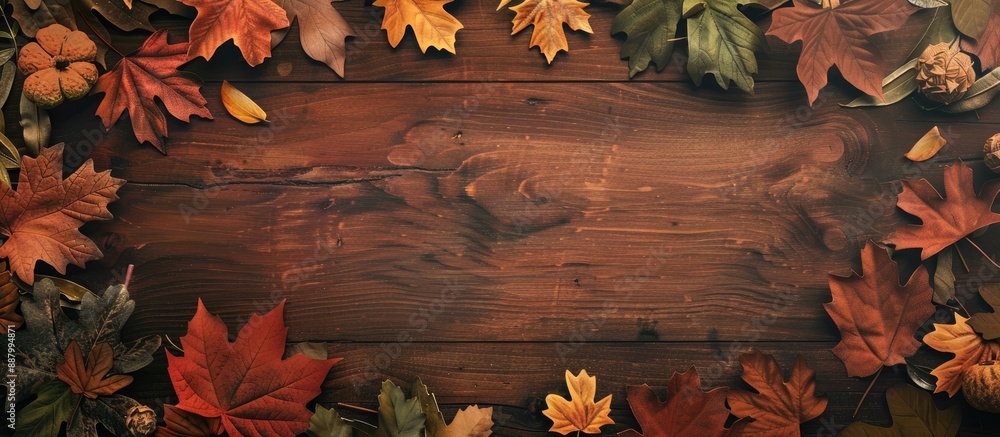 Canvas Prints fallen leaves decorate a wooden background forming an autumn themed frame with space for text ideal 